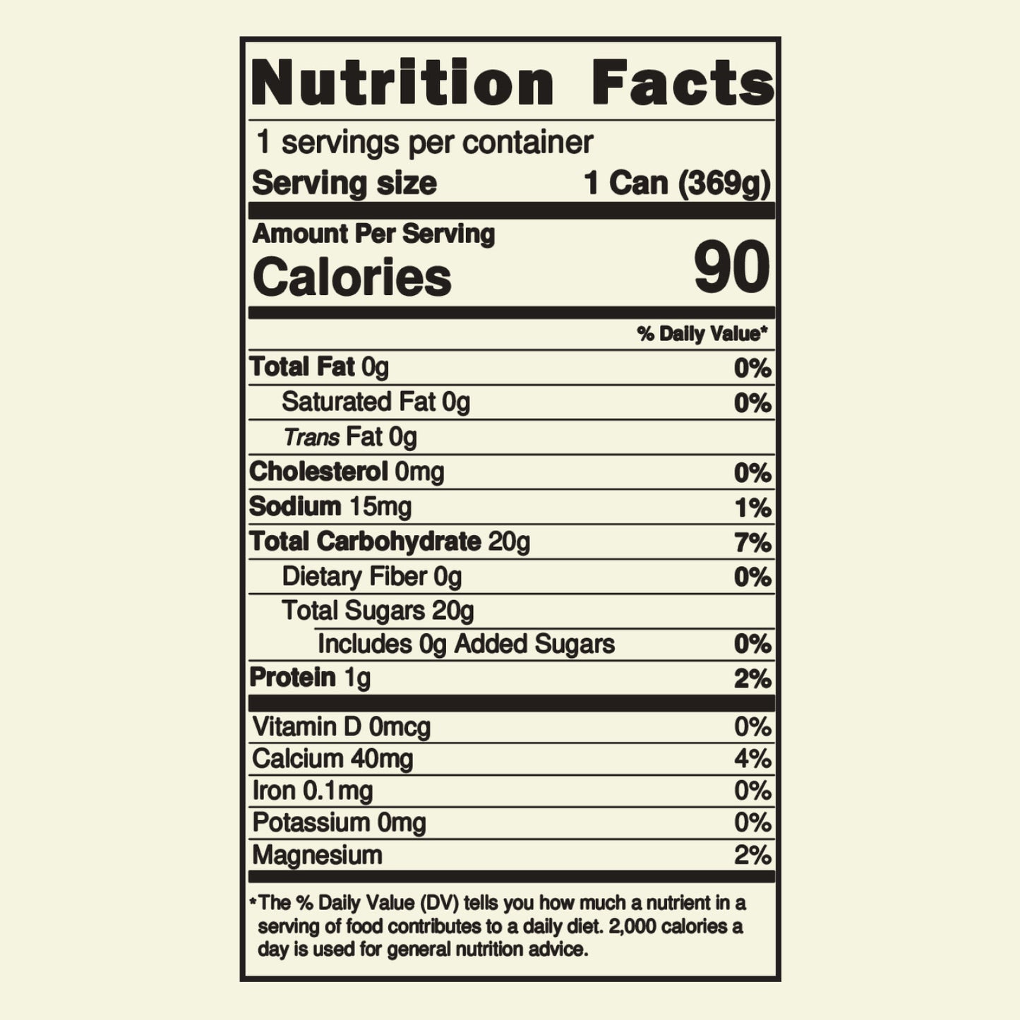 Comma Nutrition Panel: 90 Calories per serving (1 can), Sodium 15mg (1% DV), Total Carbohydrate (Sugars) 20g (7% DV), Calcium 40mg (4% DV), Magnesium (2% DV)
