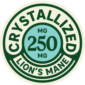 A badge that reads 250 MG Crystallized Lion's Mane