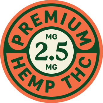 A badge that reads 2.5 MG Premium Hemp THC